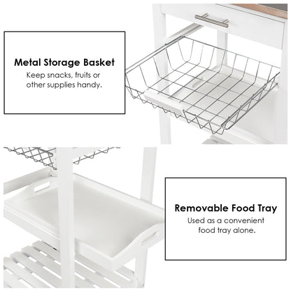 Kitchen Island Cart with Stainless Steel Top, Pull-Out Basket, and Storage Shelves - White