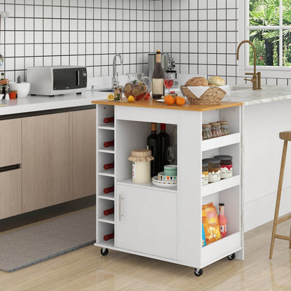Rolling Kitchen Island Cart with Bamboo Top Wine Rack Cabinet and Spice Shelves