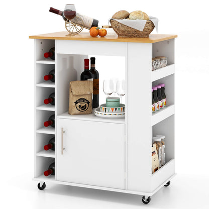 Rolling Kitchen Island Cart with Bamboo Top Wine Rack Cabinet and Spice Shelves
