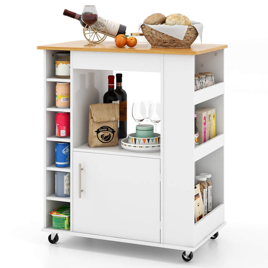 Rolling Kitchen Island Cart with Bamboo Top Wine Rack Cabinet and Spice Shelves