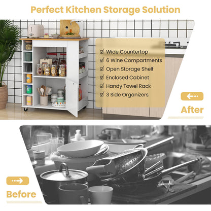 Rolling Kitchen Island Cart with Bamboo Top Wine Rack Cabinet and Spice Shelves