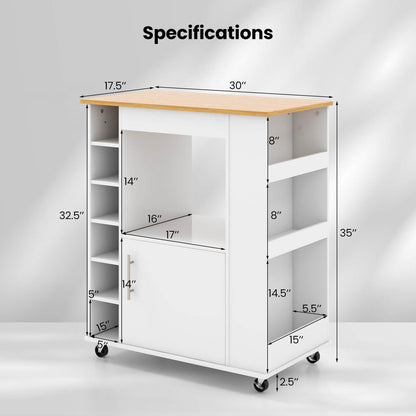 Rolling Kitchen Island Cart with Bamboo Top Wine Rack Cabinet and Spice Shelves