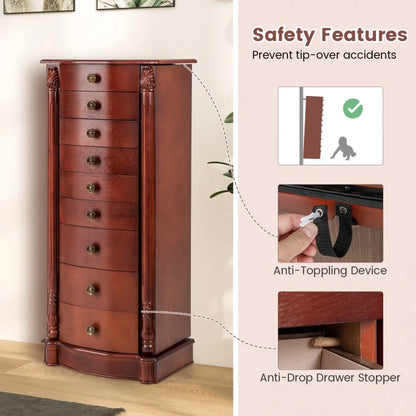 Premium Wooden Jewelry Cabinet with Mirror, 9 Drawers & Extra Necklace Storage – Freestanding Organizer
