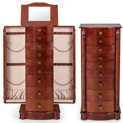 Premium Wooden Jewelry Cabinet with Mirror, 9 Drawers & Extra Necklace Storage – Freestanding Organizer