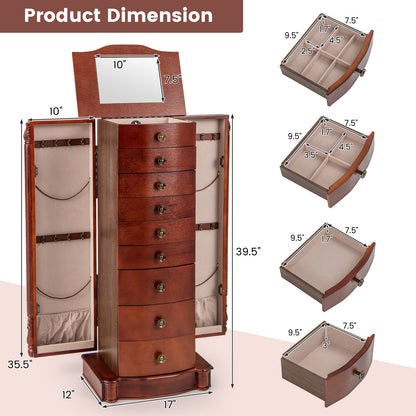Premium Wooden Jewelry Cabinet with Mirror, 9 Drawers & Extra Necklace Storage – Freestanding Organizer
