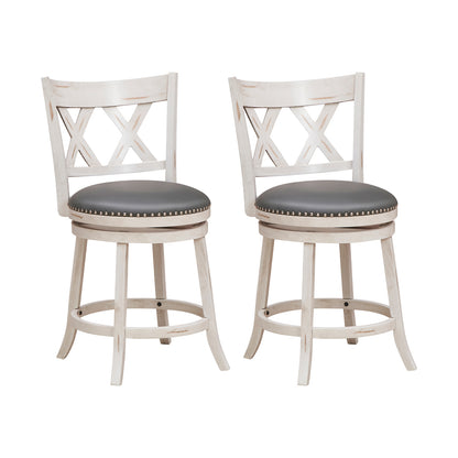 Set of 2 Hand Antiqued Swivel Bar Stools with Wide Cushioned Seat, 25.5 Inches