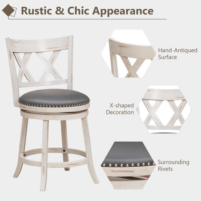 Set of 2 Hand Antiqued Swivel Bar Stools with Wide Cushioned Seat, 25.5 Inches