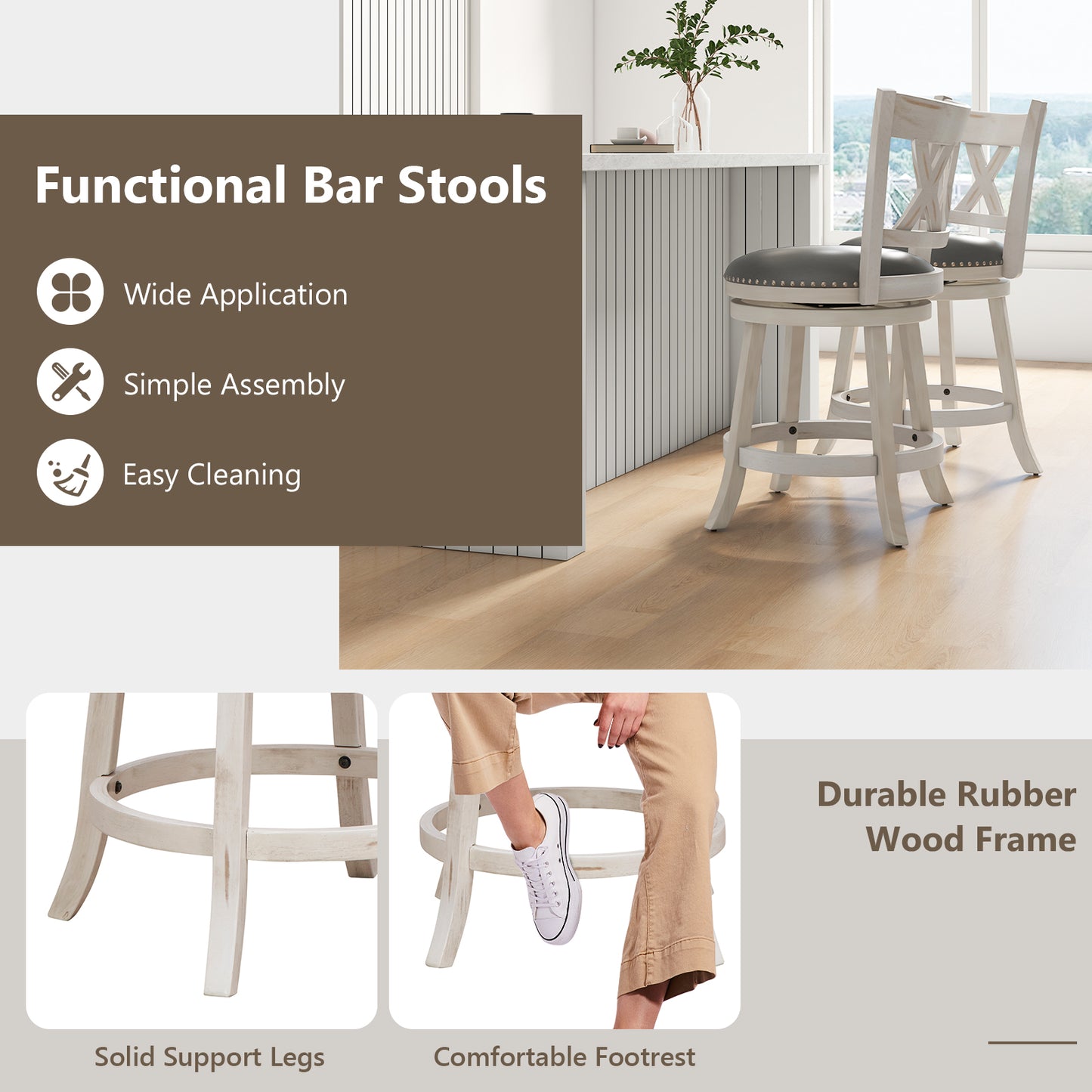 Set of 2 Hand Antiqued Swivel Bar Stools with Wide Cushioned Seat, 25.5 Inches
