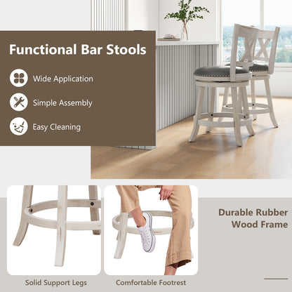 Set of 2 Hand Antiqued Swivel Bar Stools with Wide Cushioned Seat, 25.5 Inches