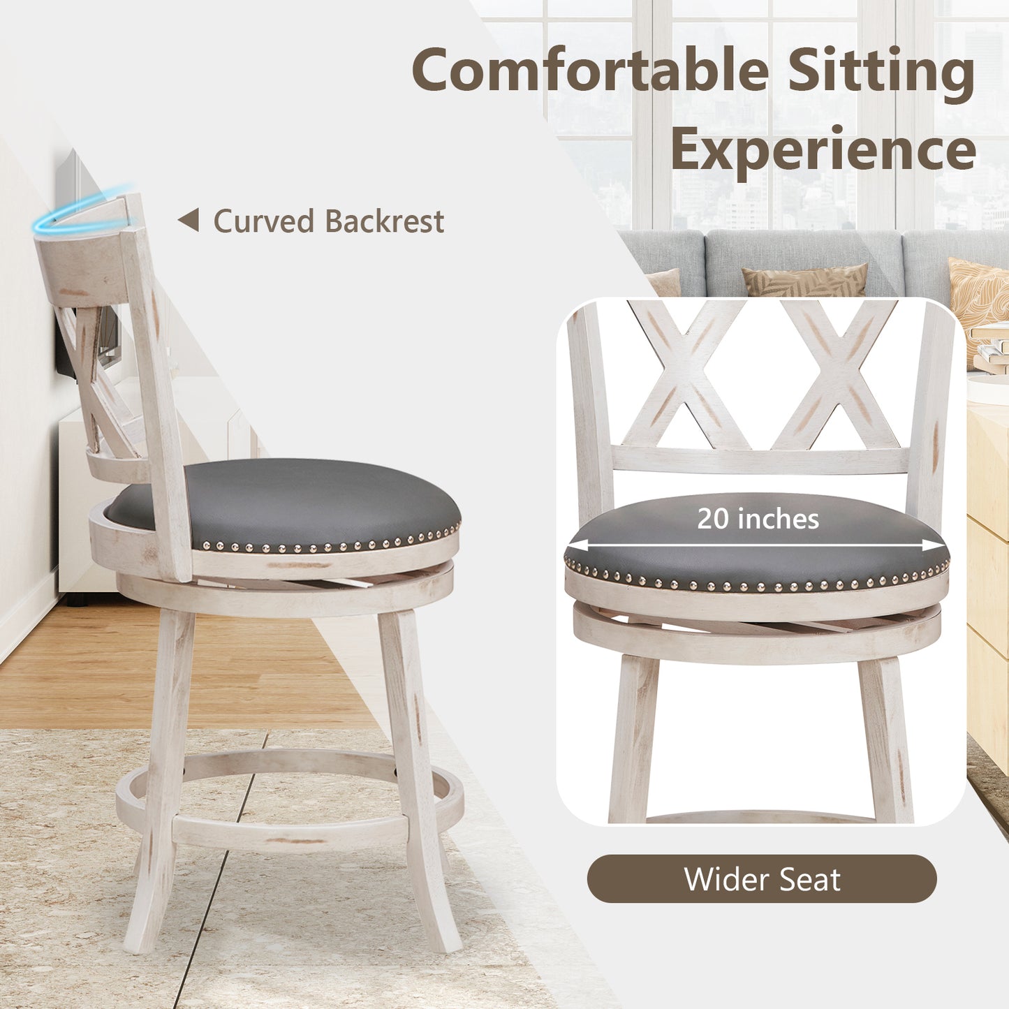 Set of 2 Hand Antiqued Swivel Bar Stools with Wide Cushioned Seat, 25.5 Inches