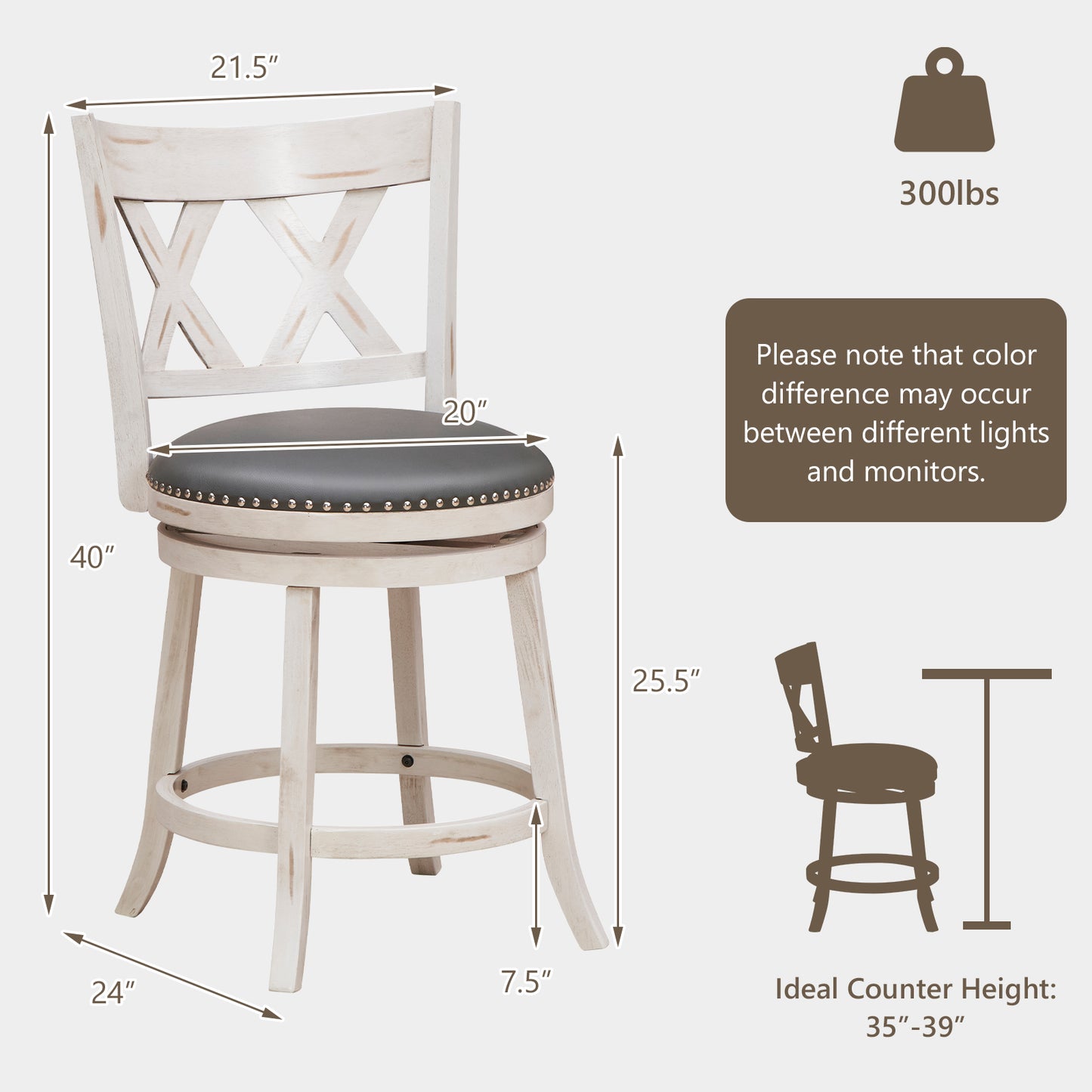 Set of 2 Hand Antiqued Swivel Bar Stools with Wide Cushioned Seat, 25.5 Inches