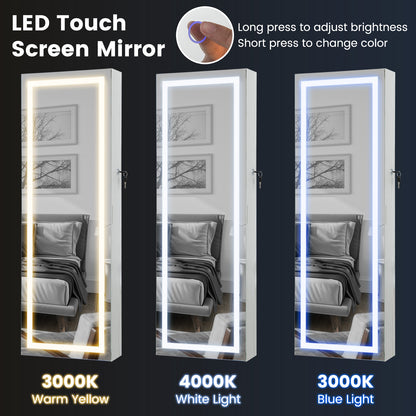 42.5 Inch Lockable Jewelry Wall Cabinet with Full-Length Mirror, 3-Color LED Lights – White