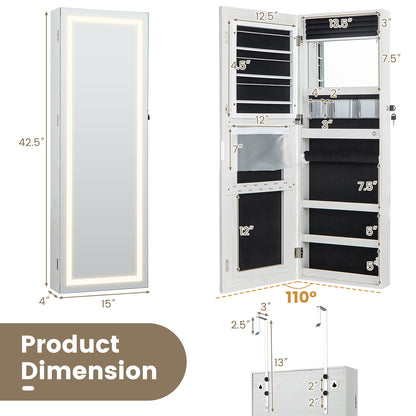 42.5 Inch Lockable Jewelry Wall Cabinet with Full-Length Mirror, 3-Color LED Lights – White