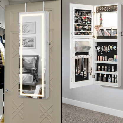 42.5 Inch Lockable Jewelry Wall Cabinet with Full-Length Mirror, 3-Color LED Lights – White