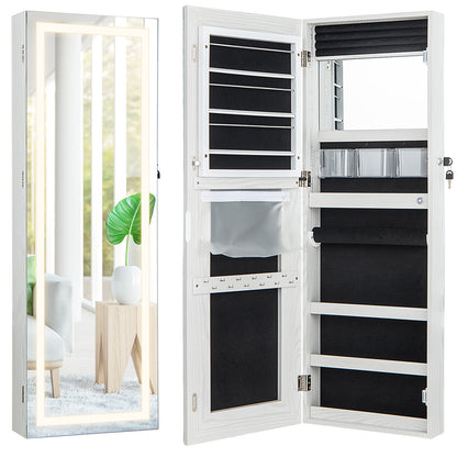 42.5 Inch Lockable Jewelry Wall Cabinet with Full-Length Mirror, 3-Color LED Lights – White
