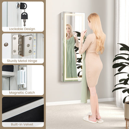 42.5 Inch Lockable Jewelry Wall Cabinet with Full-Length Mirror, 3-Color LED Lights – White