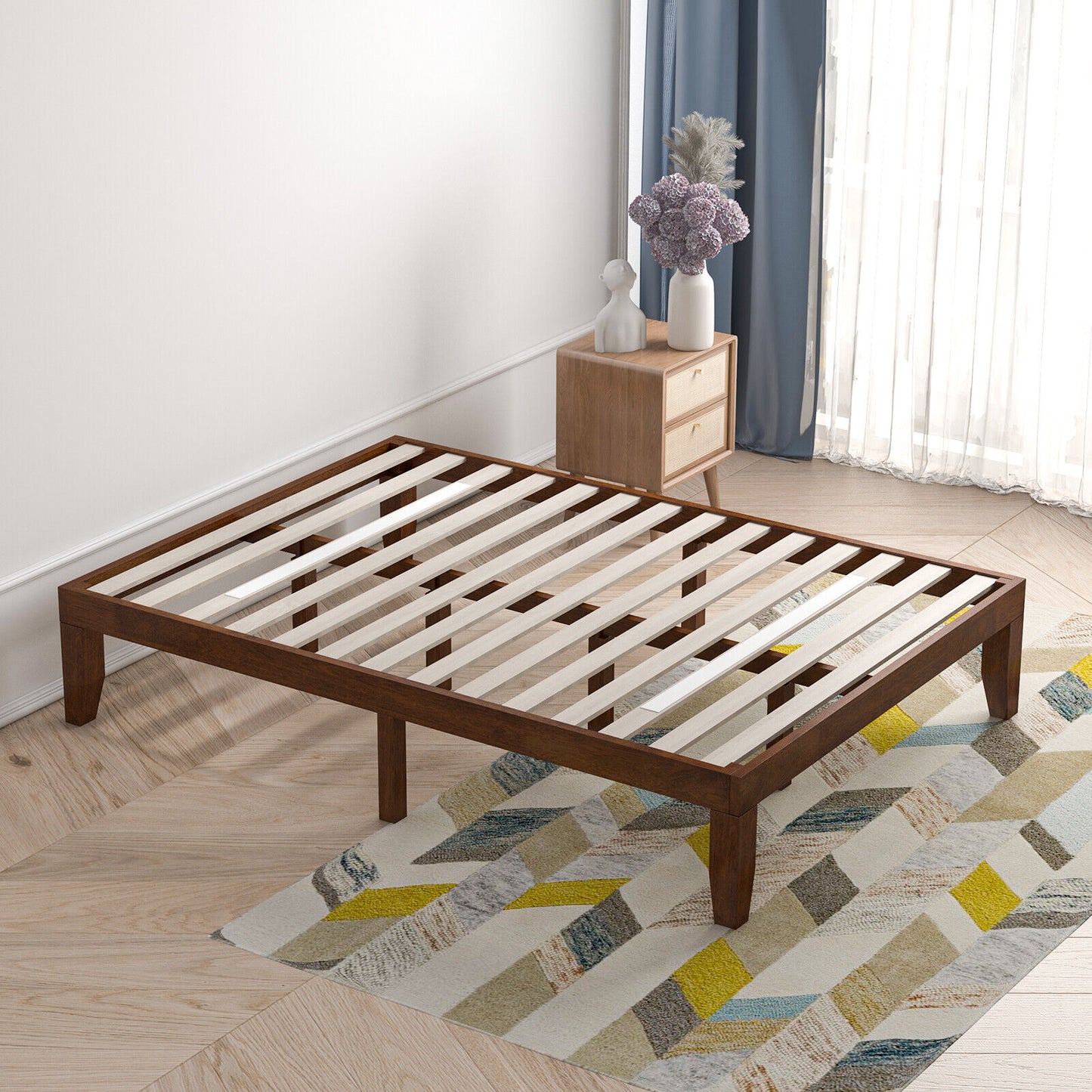 Modern 14 Inch Full Size Wood Platform Bed Frame with Wood Slat Support - Coffee