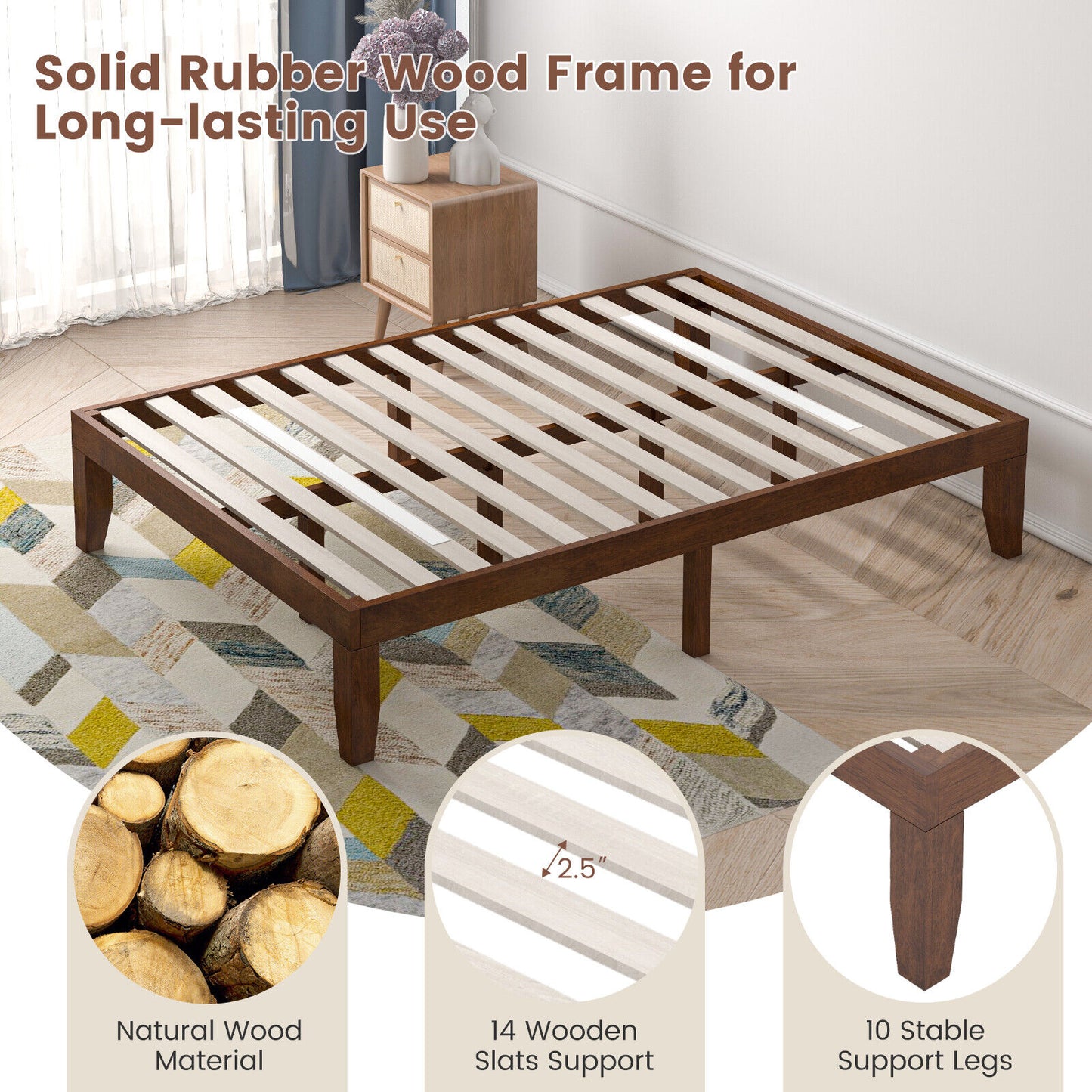 Modern 14 Inch Full Size Wood Platform Bed Frame with Wood Slat Support - Coffee