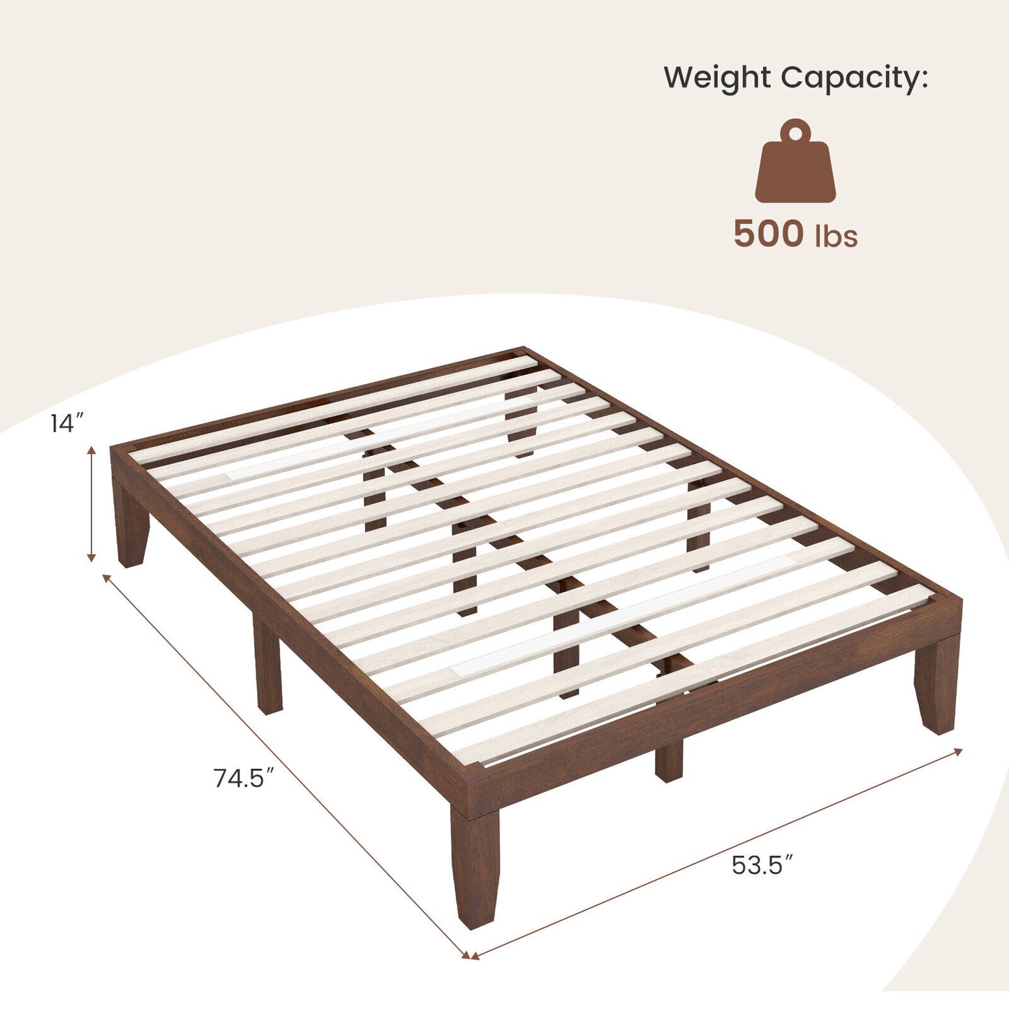 Modern 14 Inch Full Size Wood Platform Bed Frame with Wood Slat Support - Coffee