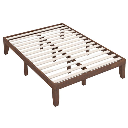 Modern 14 Inch Full Size Wood Platform Bed Frame with Wood Slat Support - Coffee