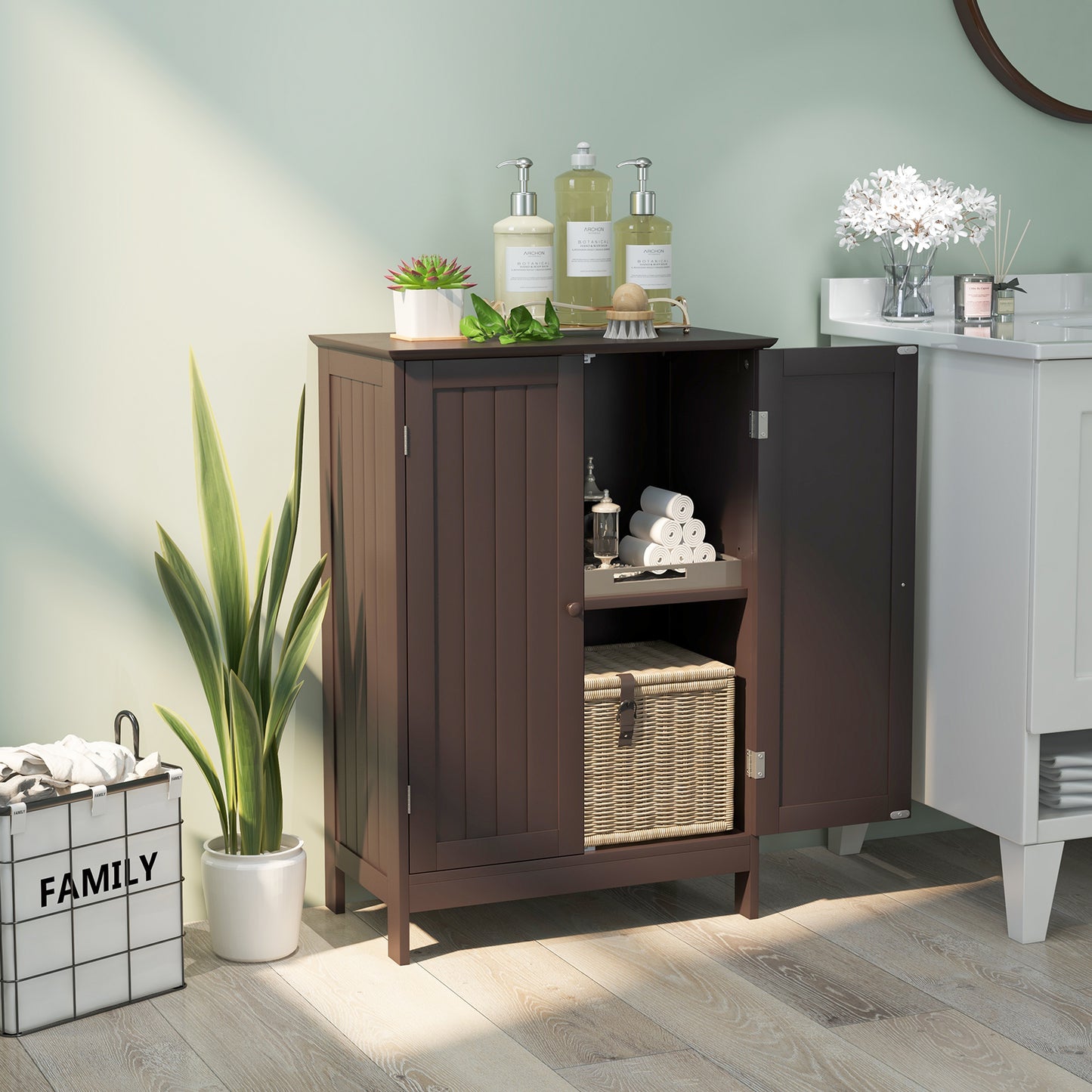 Modern Bathroom Floor Storage Cabinet with Double Doors & Adjustable Shelves