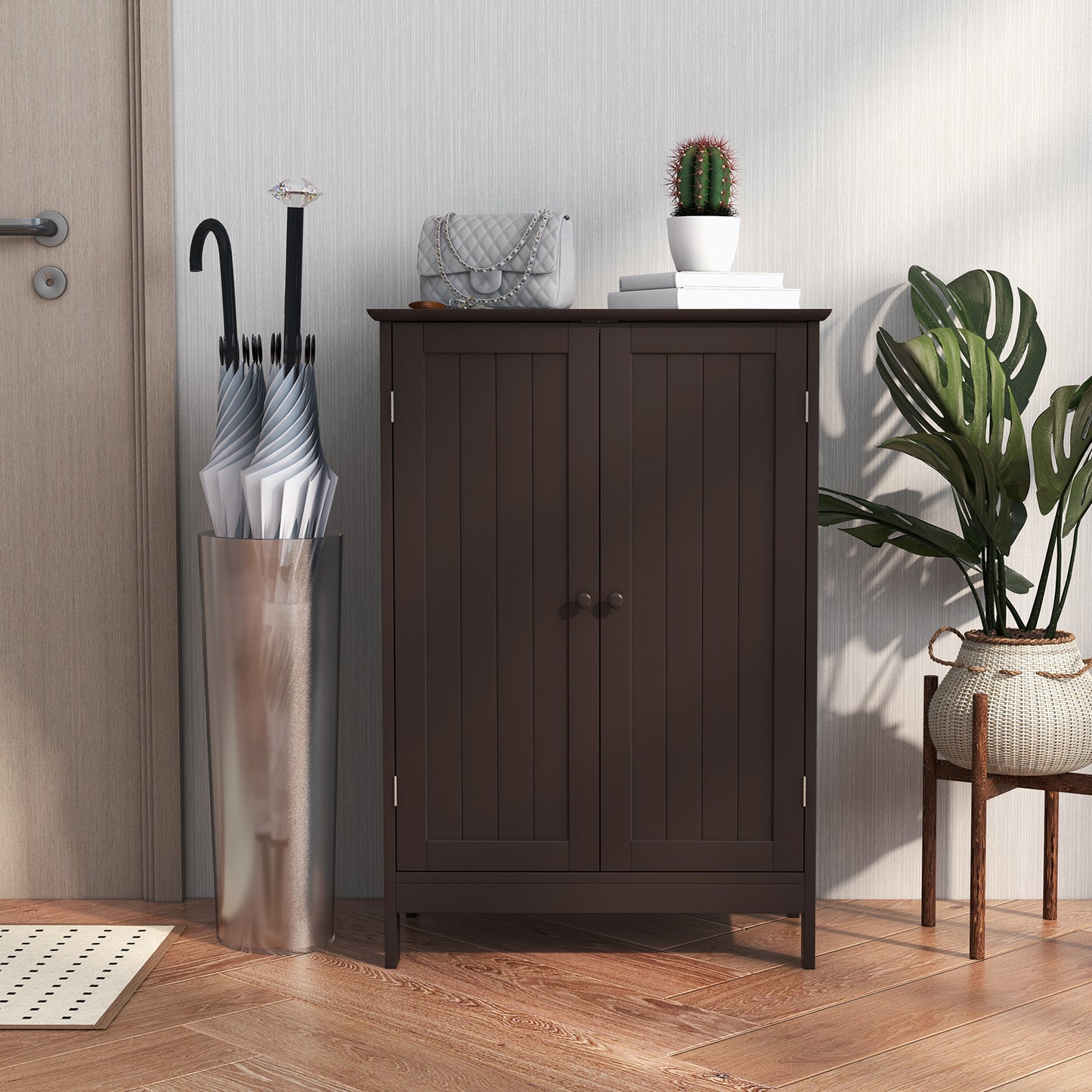 Modern Bathroom Floor Storage Cabinet with Double Doors & Adjustable Shelves
