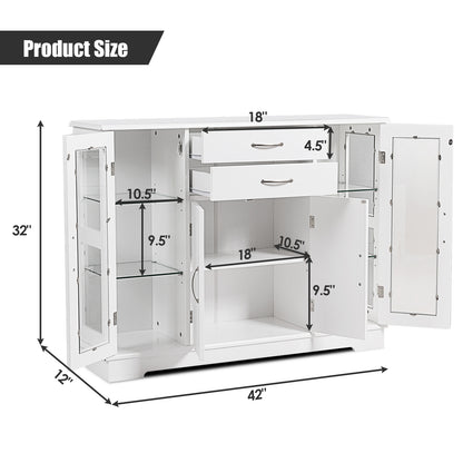 Modern Sideboard Buffet Cabinet with Drawers and Glass Doors for Kitchen or Dining Room Storage in White