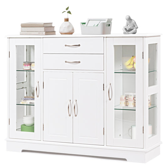 Modern Sideboard Buffet Cabinet with Drawers and Glass Doors for Kitchen or Dining Room Storage in White