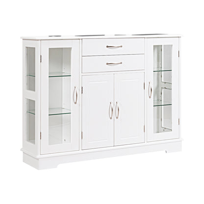 Modern Sideboard Buffet Cabinet with Drawers and Glass Doors for Kitchen or Dining Room Storage in White