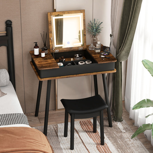 Rustic Flip-Top Vanity Set with LED Mirror, USB Port, Storage, and Stool