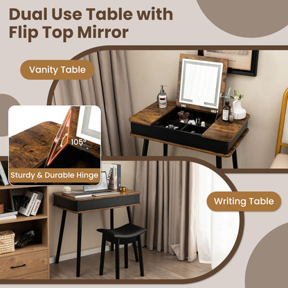 Rustic Flip-Top Vanity Set with LED Mirror, USB Port, Storage, and Stool