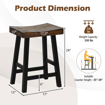 Pair of Solid Wood Saddle Bar Stools with Curved Seat and Footrests 24"