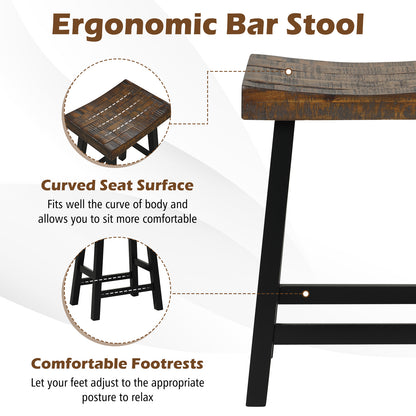 Pair of Solid Wood Saddle Bar Stools with Curved Seat and Footrests 24"