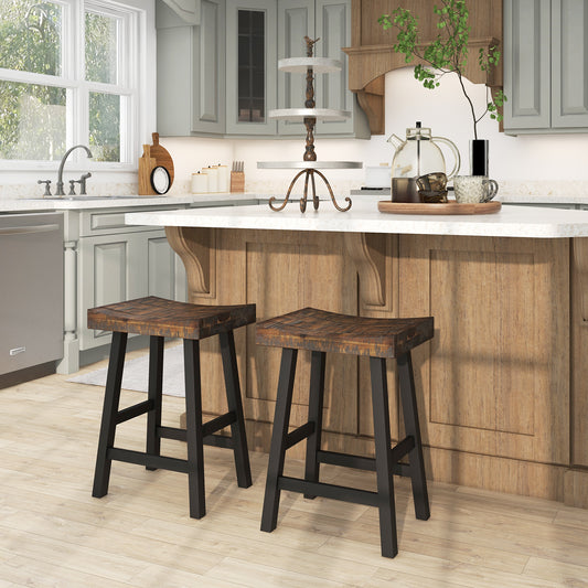 Pair of Solid Wood Saddle Bar Stools with Curved Seat and Footrests 24"