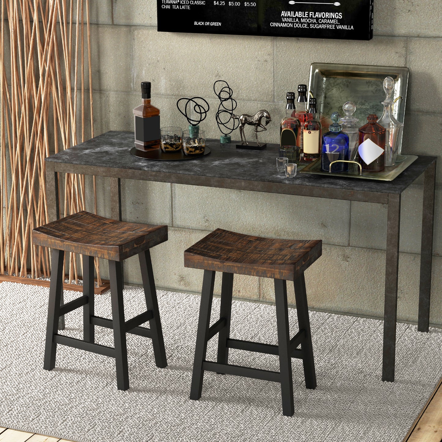 Pair of Solid Wood Saddle Bar Stools with Curved Seat and Footrests 24"
