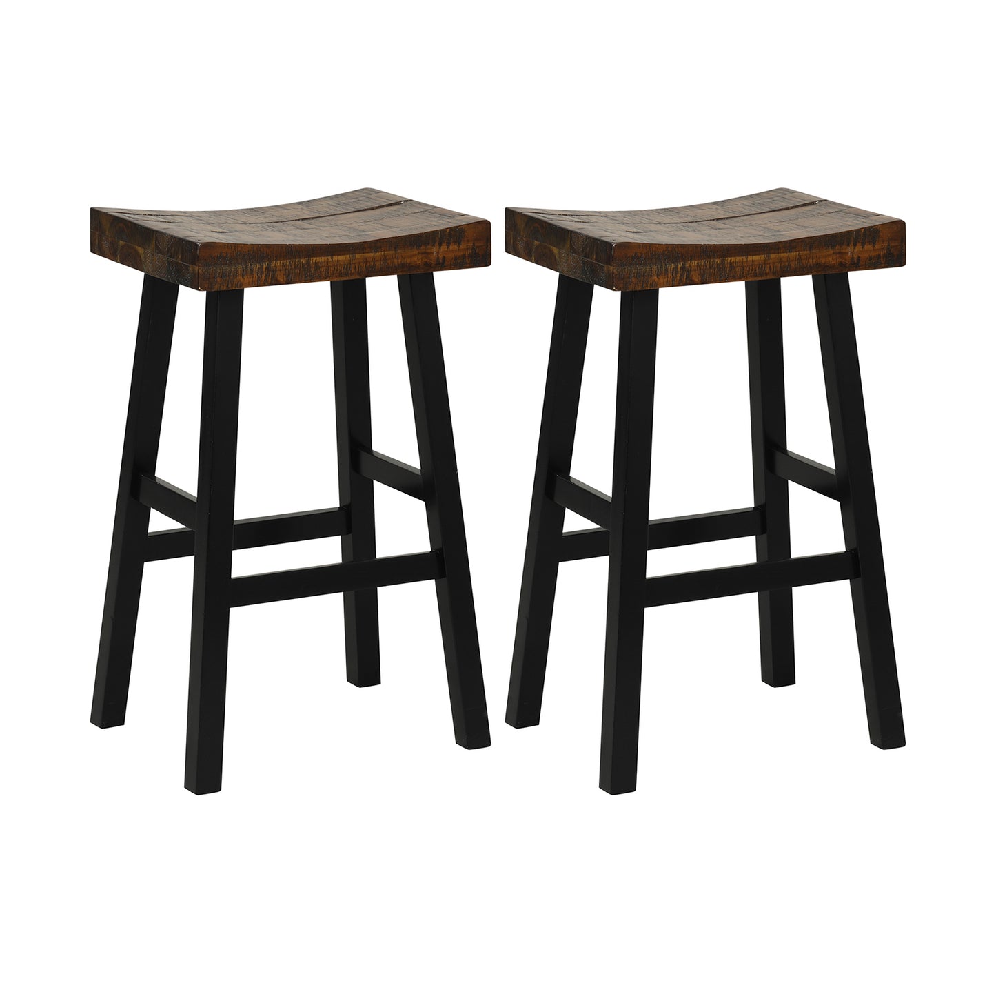 Pair of Solid Wood Saddle Bar Stools with Curved Seat and Footrests 29"