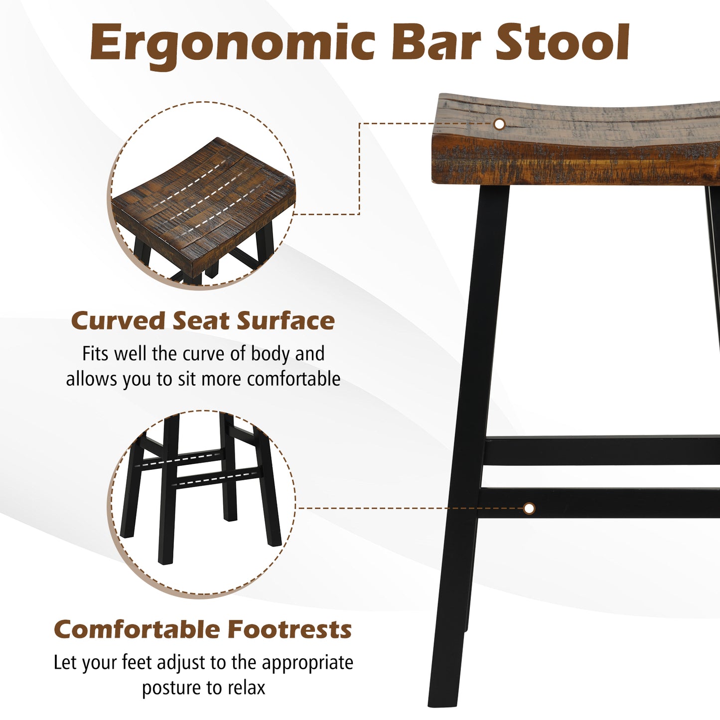 Pair of Solid Wood Saddle Bar Stools with Curved Seat and Footrests 29"
