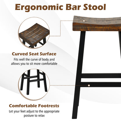 Pair of Solid Wood Saddle Bar Stools with Curved Seat and Footrests 29"