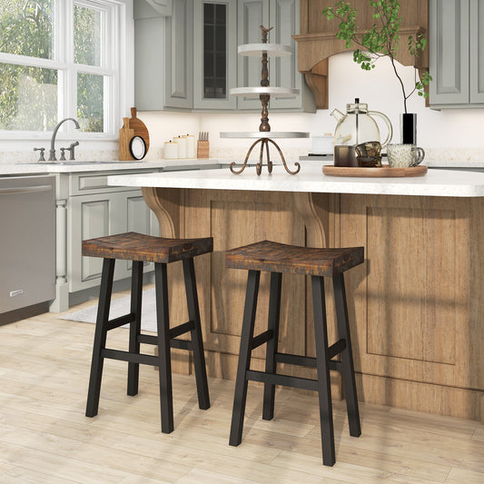 Pair of Solid Wood Saddle Bar Stools with Curved Seat and Footrests 29"