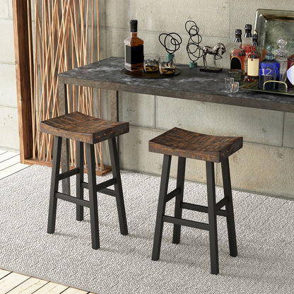 Pair of Solid Wood Saddle Bar Stools with Curved Seat and Footrests 29"