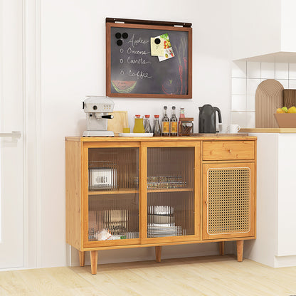 Contemporary Bamboo Buffet Sideboard with Sliding Tempered Glass Doors and Rattan Accents