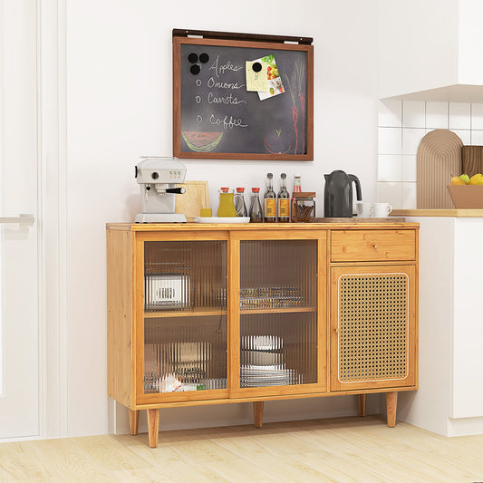 Contemporary Bamboo Buffet Sideboard with Sliding Tempered Glass Doors and Rattan Accents