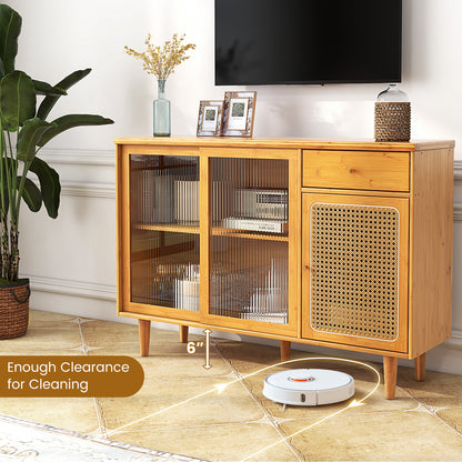 Contemporary Bamboo Buffet Sideboard with Sliding Tempered Glass Doors and Rattan Accents