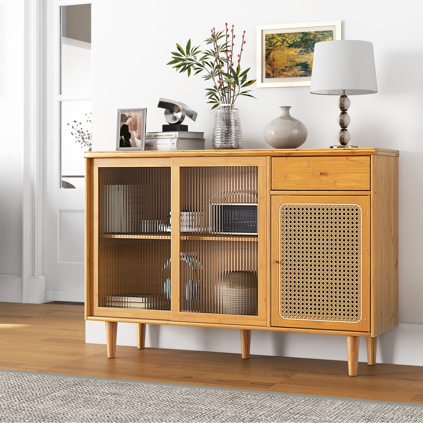 Contemporary Bamboo Buffet Sideboard with Sliding Tempered Glass Doors and Rattan Accents