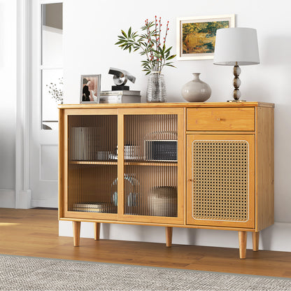 Contemporary Bamboo Buffet Sideboard with Sliding Tempered Glass Doors and Rattan Accents