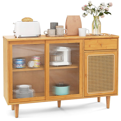 Contemporary Bamboo Buffet Sideboard with Sliding Tempered Glass Doors and Rattan Accents