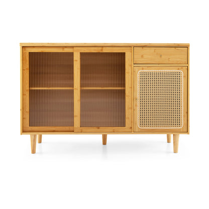 Contemporary Bamboo Buffet Sideboard with Sliding Tempered Glass Doors and Rattan Accents