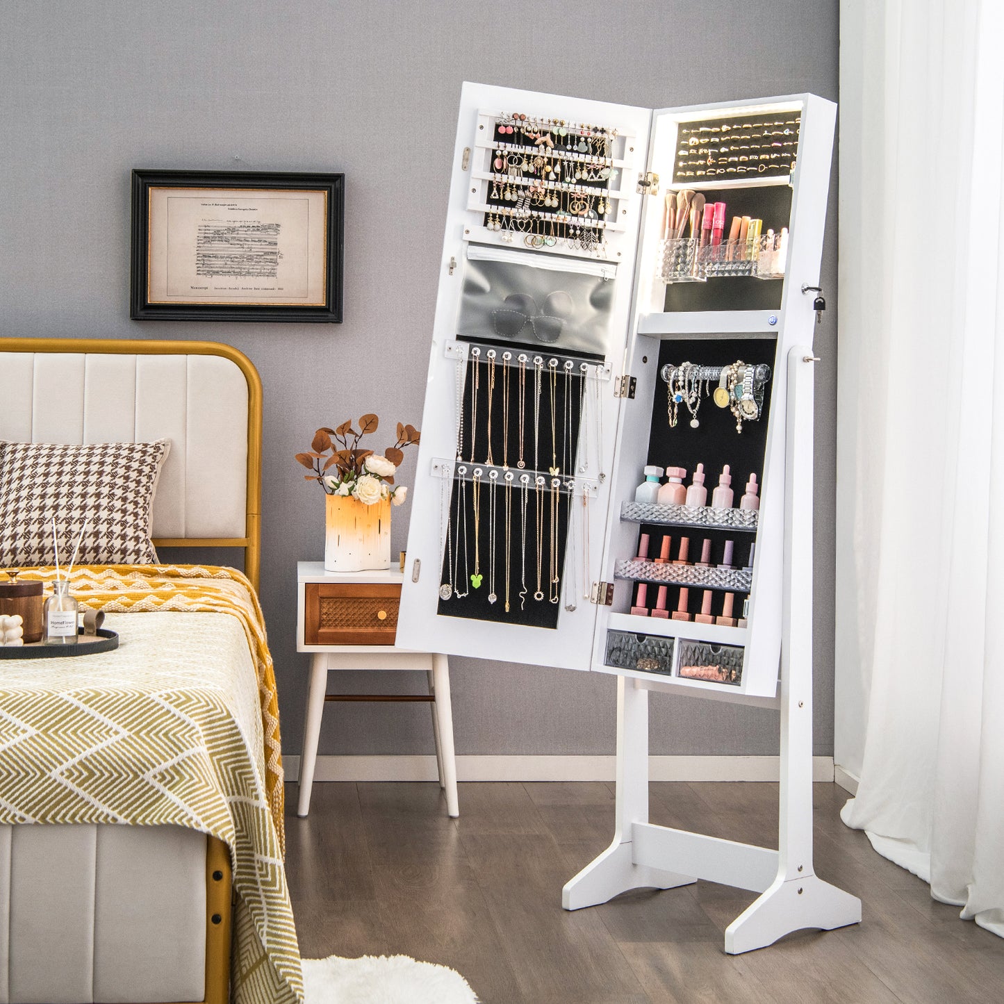 Standing Jewelry Armoire with Lock, LED Lighted Full-Length Mirror and Storage Shelves – White