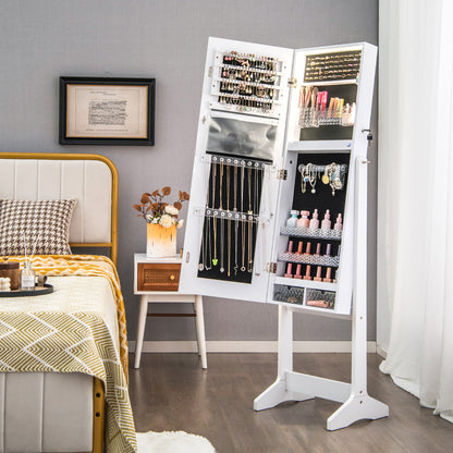 Standing Jewelry Armoire with Lock, LED Lighted Full-Length Mirror and Storage Shelves – White