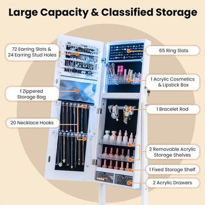 Standing Jewelry Armoire with Lock, LED Lighted Full-Length Mirror and Storage Shelves – White
